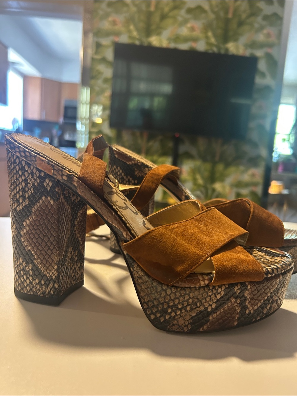 Sam Edelman Brown Suede Platform Sandals with Snakeskin Heel
